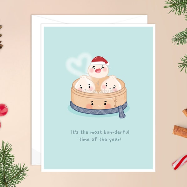 It's the Most Bun-derful Time of the Year Christmas Card | asian Christmas card, kawaii cute bun bao, cute holiday card, cute Christmas card