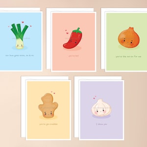 Paquet de cartes de vœux de base de la cuisine asiatique | jeu de mots sur la cuisine asiatique, cartes d'inspiration asiatique, cartes asiatiques, carte de jeu de mots sur la nourriture, jeu de cartes de petit garçon, saint valentin