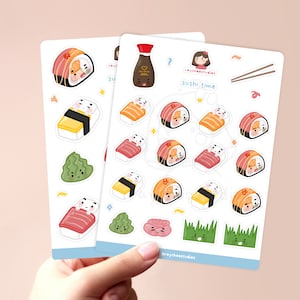 Feuilles d'autocollants Sushi Time | autocollants de planificateur, bujo de journal de balle, feuille d'autocollants kawaii, vinyle de sushi illustré mignon, nourriture asiatique japonaise