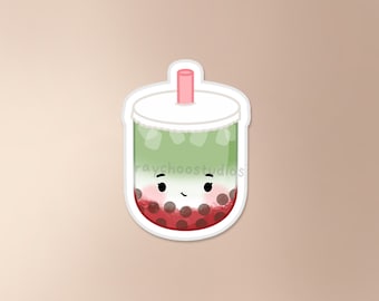 Naklejka Truskawka Matcha | naklejka Bubble Tea, naklejka Azjatycki napój, naklejka Azjatyckie jedzenie, naklejka Jedzenie, słodka wodoodporna naklejka winylowa