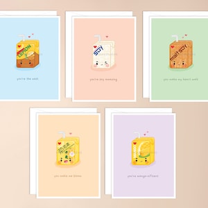 de voeux asiatiques de boîtes de jus de fruits | jeu de mots sur la cuisine asiatique, cartes d'inspiration asiatique, cartes asiatiques, carte de jeu de mots sur la nourriture, jeu de cartes de petit garçon, saint valentin