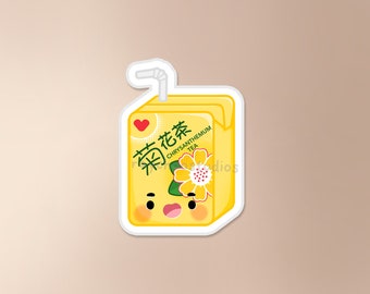 Sticker boisson au thé au chrysanthème | Autocollant mignon de boîte de jus, autocollant de thé, autocollant imperméable, autocollant mignon de nourriture, autocollant de boisson asiatique, boisson vita