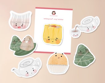 Dim Sum Sticker Pack | waterproof asian food sticker flakes, tea, dumpling, sticky rice, cute kawaii stationery bundle, laptop, water bottle