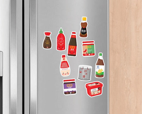 Asian Sauces Magnets | cute kawaii kitchen fridge magnets, soy chili oyster sriracha sesame oil satay hoisin gochujang fish mayo, magnet set