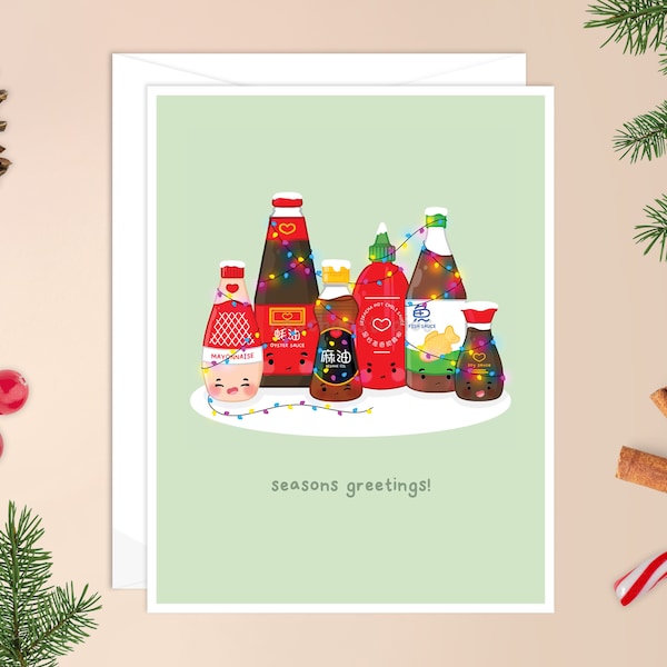 Seasons Greetings Christmas Card | asian Christmas card, kawaii boba, cute boba pun, cute holiday card, cute Christmas card, hot sauce card