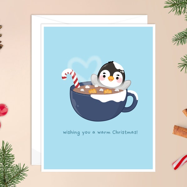 Wishing You a Warm Christmas Card | penguin Christmas card, kawaii penguin, cute penguin, cute holiday card, cute Christmas card, adorable