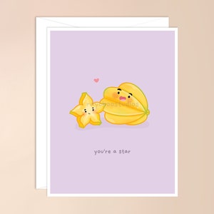 Vous êtes une carte de vœux étoile | nourriture asiatique mignonne, carte de jeu de mots asiatique kawaii, étoile de carambole punny, été de fruits tropicaux, mignonne, carte de saint valentin