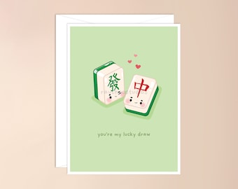 You're My Lucky Draw Grußkarte | süße asiatisch inspirierte Karte, asiatisches Kartenspiel, asiatisches Wortspiel, lustige asiatische Karte, kawaii, Mahjong, Mah Jong Wortspiel