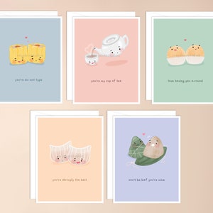 Pack de cartes de vœux Dim Sum | nourriture asiatique punny, kawaii stationnaire, jolie papeterie de jeu de mots adorable, carte d'amour pour lui son petit ami, cadeau drôle