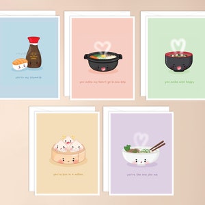 Pack de cartes de vœux de jeu de mots sur la cuisine asiatique | nourriture punny, asiatique, kawaii asiatique inspiré, kawaii stationnaire, nourriture punny, papeterie mignonne adorable