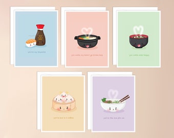 Pack de cartes de vœux de jeu de mots sur la cuisine asiatique | nourriture punny, asiatique, kawaii asiatique inspiré, kawaii stationnaire, nourriture punny, papeterie mignonne adorable