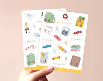 Back to School Sticker Sheets | planner, bullet journal bujo, kawaii, cute removable, school supplies, study reminders, first day of school