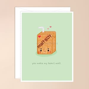 vous faites mon malt de coeur carte de vœux | jolie carte d'inspiration asiatique, jeu de mots asiatique, jeu de mots asiatique, carte de boisson asiatique drôle, kawaii, lait de soja malt