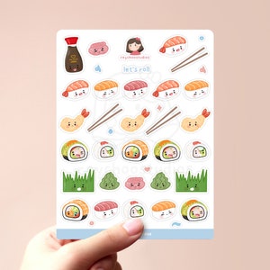 Feuille d'autocollants Let's Roll Sushi | autocollants de planificateur, bullet journal bujo, feuille d'autocollants kawaii, mignons sushis illustrés, cuisine asiatique japonaise