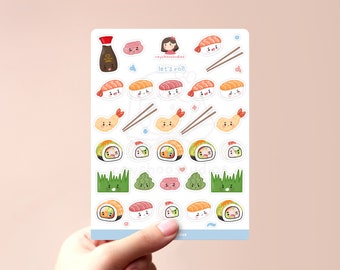 Let's Roll Sushi Sticker Sheet | planner stickers, bullet journal bujo, kawaii sticker sheet, cute illustrated sushi, asian food japanese