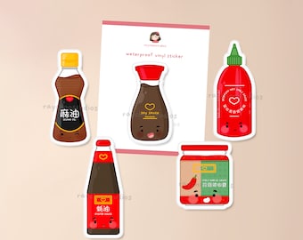 Molhos Asiáticos 1 Pacote de Adesivos | Flocos de adesivo à prova d'água, adesivo de vinil cortado kawaii fofo, molho de soja chili sriracha, molho de ostra óleo de gergelim