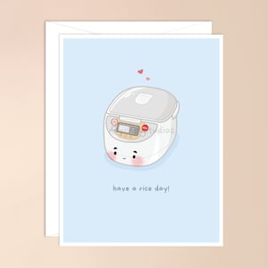 Passez une journée du riz ! de voeux | carte de cuisine asiatique, carte kawaii, carte de jeu de mots asiatique, carte de nourriture punny, cuiseur à riz, appareil de cuisine asiatique, marrant