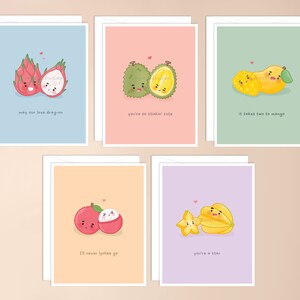 Pack de cartes de vœux aux fruits asiatiques | nourriture punny, jeu de mots de cuisine asiatique, kawaii asiatique inspiré, kawaii stationnaire, nourriture punny, papeterie mignonne adorable