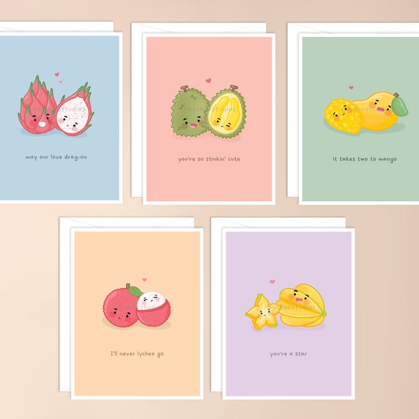 Asian Fruits Greeting Card Pack / punny food, gioco di parole cibo asiatico, kawaii asiatico ispirato, cancelleria kawaii, cibo punny, cancelleria carina adorabile