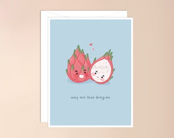 May Our Love Drag-on Greeting Card | cute asian food, kawaii asian pun card, punny dragon fruit, tropical fruit summer, cute, valentines day