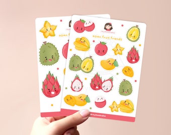 Hoja de pegatinas de amigos de frutas asiáticas / pegatinas del planificador diario de balas bujo kawaii hoja de pegatinas linda fruta tropical de verano ilustración exótica