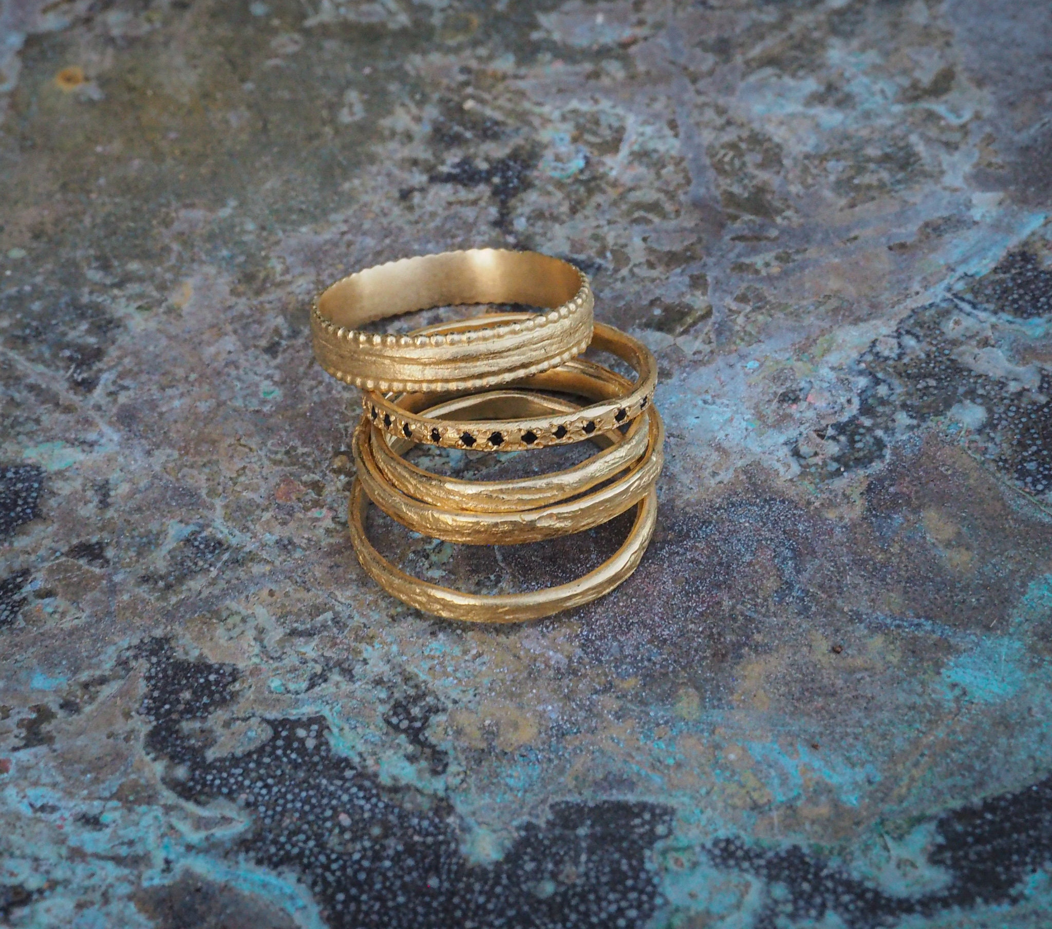 Black Diamonds stackable ring 18K gold thin stackable ring | Etsy