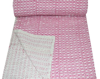 Indian Handmade Kantha Quilt Queen Kantha Bedspread Pink Color Block Print Quilt Throw Bedspread Blanket Bed Cover Queen Quilt