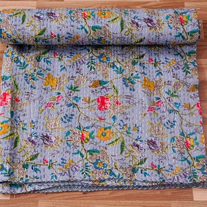 Colcha Kantha de algodão indiana feita à mão com estampa floral, colcha dupla Kantha, manta Kantha, manta indiana, colcha de algodão, capa de cama, colcha queen