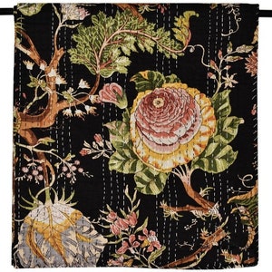 Kantha quilt queen size, Handmade Kantha bedspread, Cotton quilt, Kantha throw, Kantha blanket, Floral print quilt, black quilt bed cover