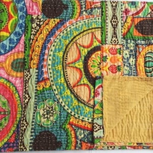 Indian Handmade Cotton Multi Color Print Kantha Quilt Queen Blanket Bedspread Katha Throw Vintage Gudari Boho Quilt Kantha Bed Cover