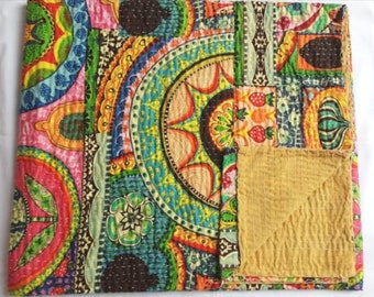 Indian Handmade Cotton Multi Color Print Kantha Quilt Queen Blanket Bedspread Katha Throw Vintage Gudari Boho Quilt Kantha Bed Cover