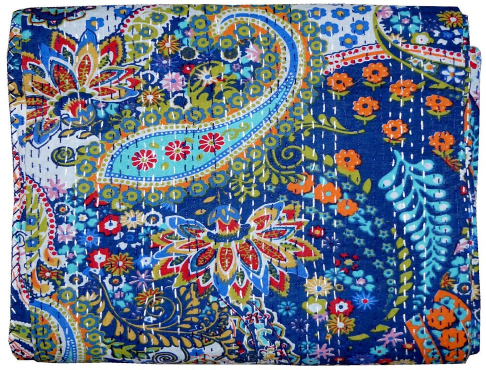 Cotton Kantha Quilt Indian Blue Paisley Print Kantha Throw Etsy