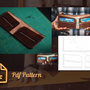 May include: A brown leather wallet with two card slots and a billfold. A PDF pattern for the wallet is also shown.