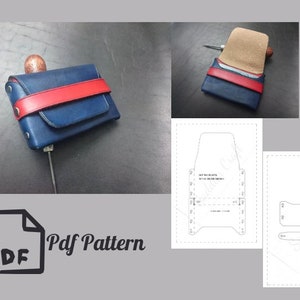May include: A blue leather wallet with a red strap, shown with a PDF pattern. The wallet has a flap closure and is accented with silver rivets. The pattern includes detailed instructions for crafting the wallet.