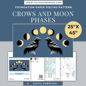 Puede incluir: Un patrón de acolchado de papel de fundación descargable digitalmente que presenta dos cuervos negros enfrentados con fases de luna creciente y llena sobre ellos. La colcha mide 63,5 cm por 114,3 cm.