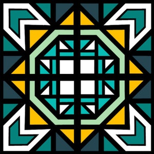 May include: A geometric pattern with a teal, white, yellow, and black color scheme. The pattern is made up of squares, triangles, and octagons.
