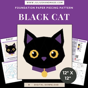Può includere: Un modello di cucito su carta per un gatto nero, con un volto felino geometrico dai grandi occhi gialli, un collare viola e una medaglietta dorata. Il design include il testo BLACK CAT e 12" x 12" su sfondo viola con le relative istruzioni.