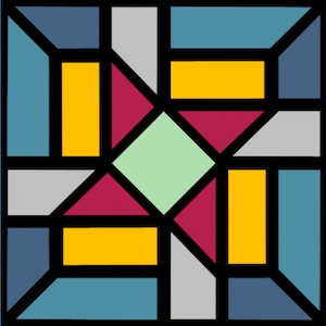 May include: A geometric pattern with a central diamond shape in light green, surrounded by four red triangles. The triangles are bordered by yellow and gray rectangles, and the entire design is framed by a blue border.