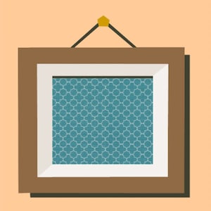 May include: A brown picture frame with a white mount and a teal patterned image inside. The frame is hanging on a light orange wall.