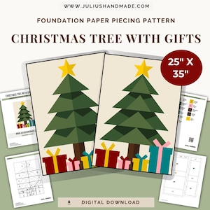 Könnte beinhalten: Digitales Foundation-Paper-Piecing-Muster für einen Weihnachtsbaum mit Geschenken. Das Design zeigt einen grünen Weihnachtsbaum mit gelbem Stern, braunem Stamm und bunten Geschenkboxen. Das Muster misst 63,5 cm x 88,9 cm.