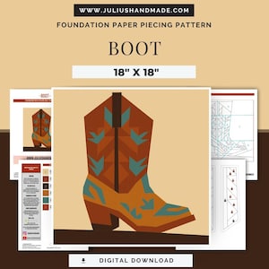 Könnte beinhalten: Ein digitales Foundation-Paper-Piecing-Muster für einen Stiefel, 45,7 cm x 45,7 cm. Das Stiefeldesign weist ein geometrisches Muster in Braun-, Orange- und Türkistönen auf. Das Bild enthält die Website-Adresse und die Worte "Digitaler Download".