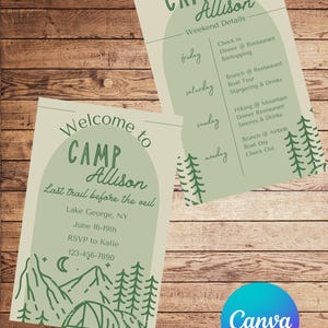 Camp Bachelorette Reiseplan & Einladung für einen Kurzurlaub voller Spaß! Bearbeitbare Vorlage.