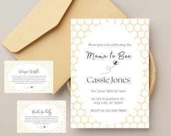 May include: A white baby shower invitation with a yellow honeycomb pattern. The text reads "Please join us in celebrating the Mama to Bee Cassie Jones On June 18th at 1pm At 123 Anywhere St., Any city, St 12345 RSVP to 123.456.7890". A small bee illustration is above the name.