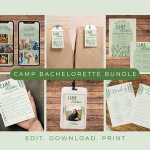 Camp Bachelorette Bundle: Itinerary, Invitations, Games, Signs, ID Badges & Survival Kit Tags