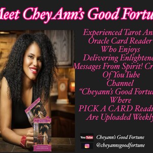 May include: A woman with curly hair smiles while holding two tarot cards. The cards are titled "The Empress" and "The Chariot". The text on the image reads "Meet Chey Ann's Good Fortune", "Experienced Tarot And Oracle Card Reader Who Enjoys Delivering Enlightened Messages From Spirit! Creator Of You Tube Channel "Cheyann's Good Fortune", Where PICK A CARD Readings Are Uploaded Weekly." You Tube Cheyann's Good Fortune @cheyannsgoodfortune