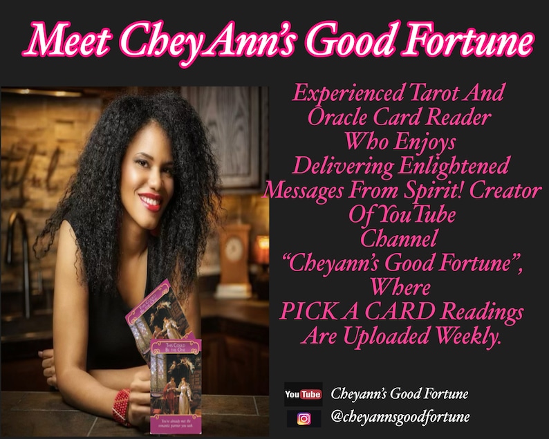 May include: A woman with curly hair smiles while holding two tarot cards. The cards are titled "The Empress" and "The Chariot". The text on the image reads "Meet Chey Ann's Good Fortune", "Experienced Tarot And Oracle Card Reader Who Enjoys Delivering Enlightened Messages From Spirit! Creator Of You Tube Channel "Cheyann's Good Fortune", Where PICK A CARD Readings Are Uploaded Weekly." You Tube Cheyann's Good Fortune @cheyannsgoodfortune