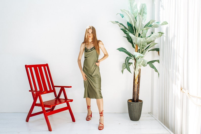 Olive Silk Slip Dress Cowl Neck Silk slip midi dress Bias Cut image 1