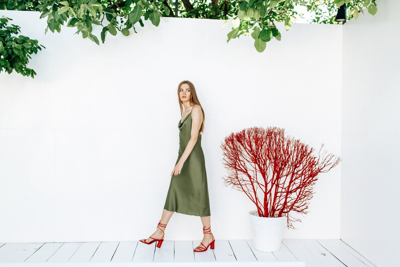 Olive Silk Slip Dress Cowl Neck Silk slip midi dress Bias Cut image 3