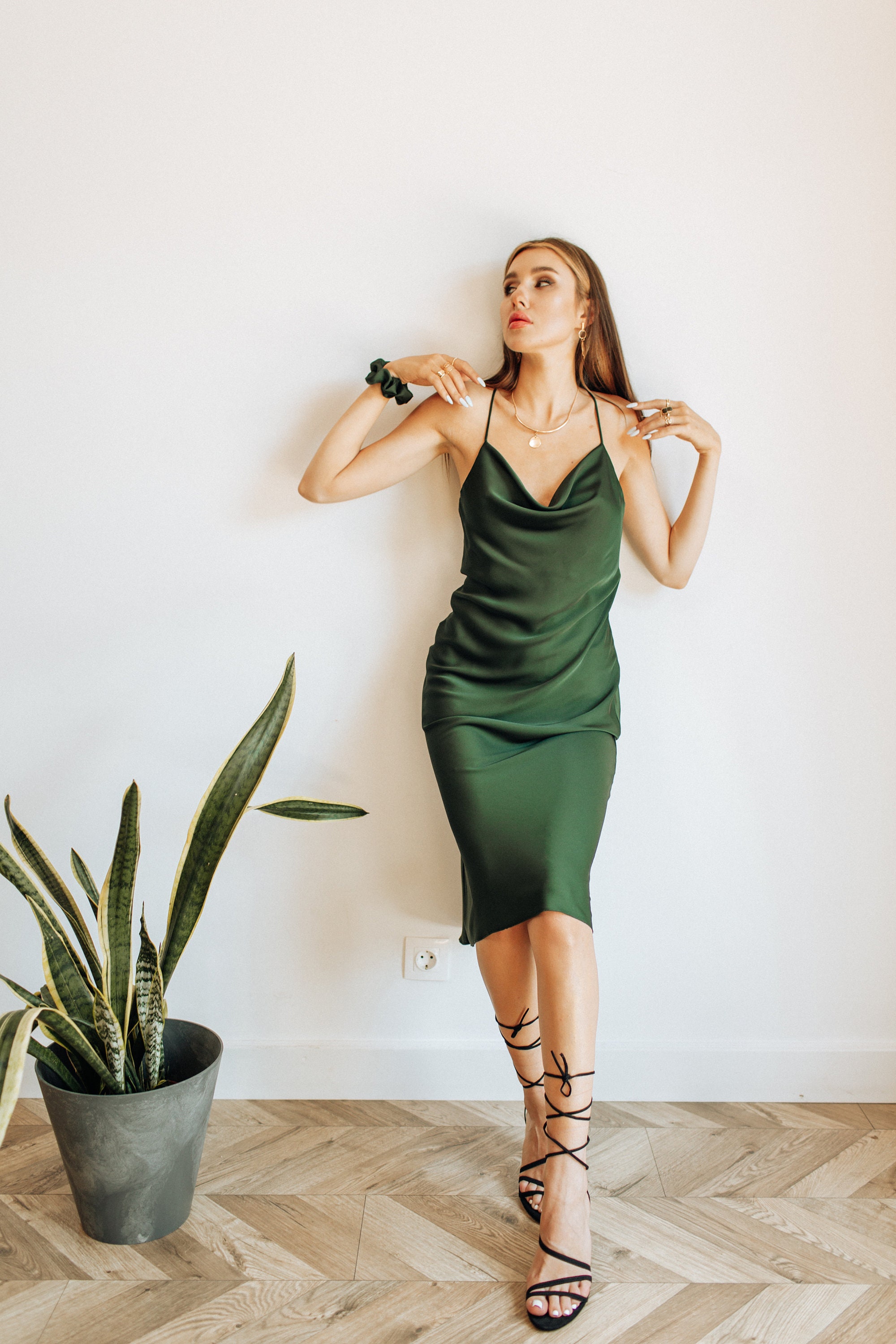 Forest Green Sexy Silk Slip Dress Cowl ...