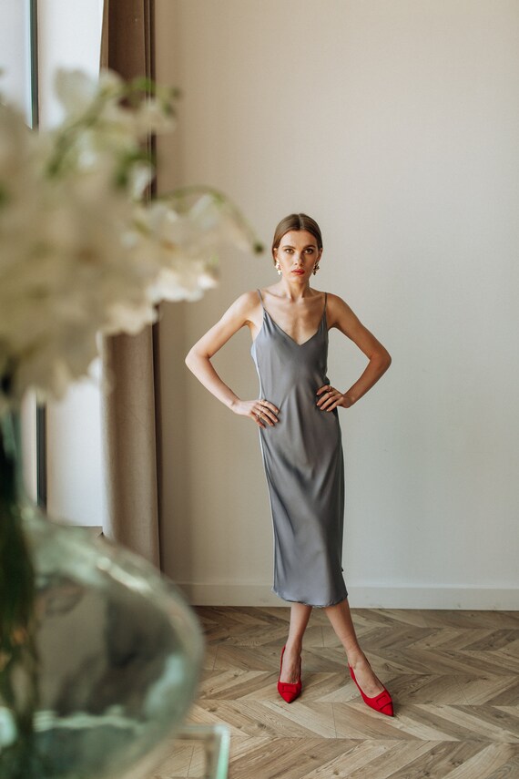 CHARCOAL GREY Silk Slip Dress Cowl Neck 